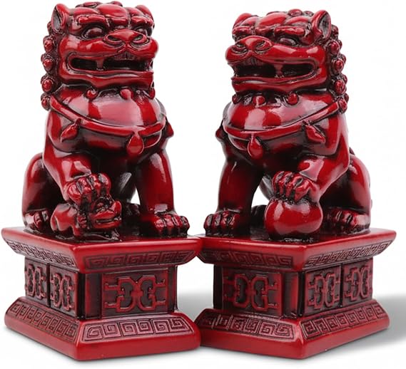 Foo Dogs Feng Shui Decor, 1 Pair 10.5inch Wooden Chinese Guardian Pair Ornaments, Foo Dogs Statues for Home Office Store Decorations