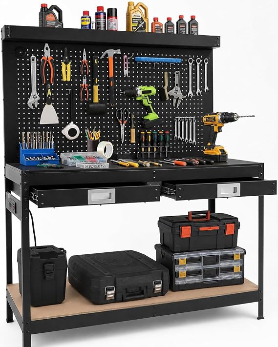 Work Bench with Storage, 48'' Work Table with Pegboard, 2 Drawers, Power Outlet, 2-Tier Metal Tool Storage Bench, Workbench for Garage, Workshop, Office Garage