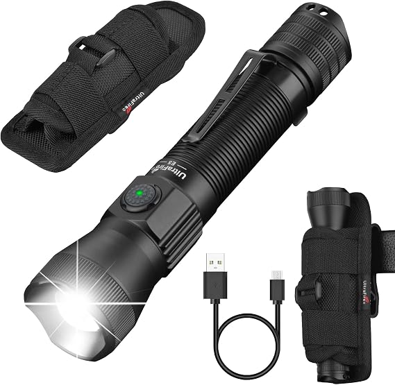 ULTRAFIRE E5 1350 Lumens Tactical Flashlight with Holster for Police | 1476 FT Beam, 6 Modes, Rechargeable, Zoomable Police LED Flashlight with Duty Belt Holster for Security and Law Enforcement