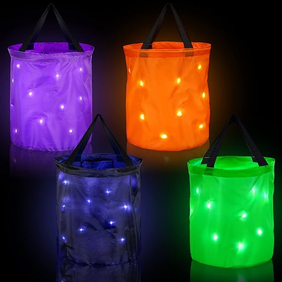 Shappy 4 Pcs Halloween Buckets,Green, Purple, Black, Orange,Classic Style | LED Light up Trick or Treat Bags, Reusable Candy Bucket for Halloween Party Favors, Goodies, Snacks