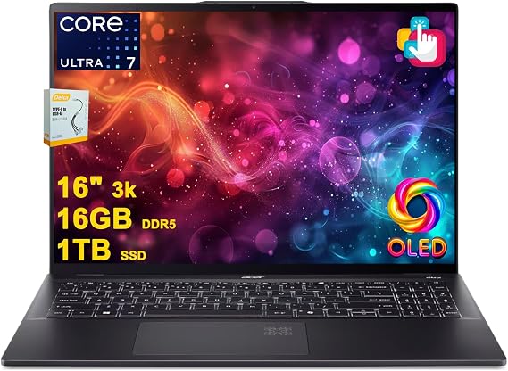 acer Swift 16 AI Copilot+ PC Laptop | 16" 3k OLED Touch 100% DCI-P3 | Intel 8-Core Ultra 7 Series 2 256V Max 47 Top | 16GB DDR5 1TB SSD | Backlit Fingerprint QHD Infrared Camera with Win11 DLCA Accessories