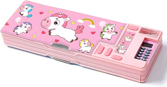 Pop Up Multifunction Pencil Case, Cute Cartoon Pen Box Organizer Stationery with Calculators, Sharpener, Schedule, School Supplies (Pink)