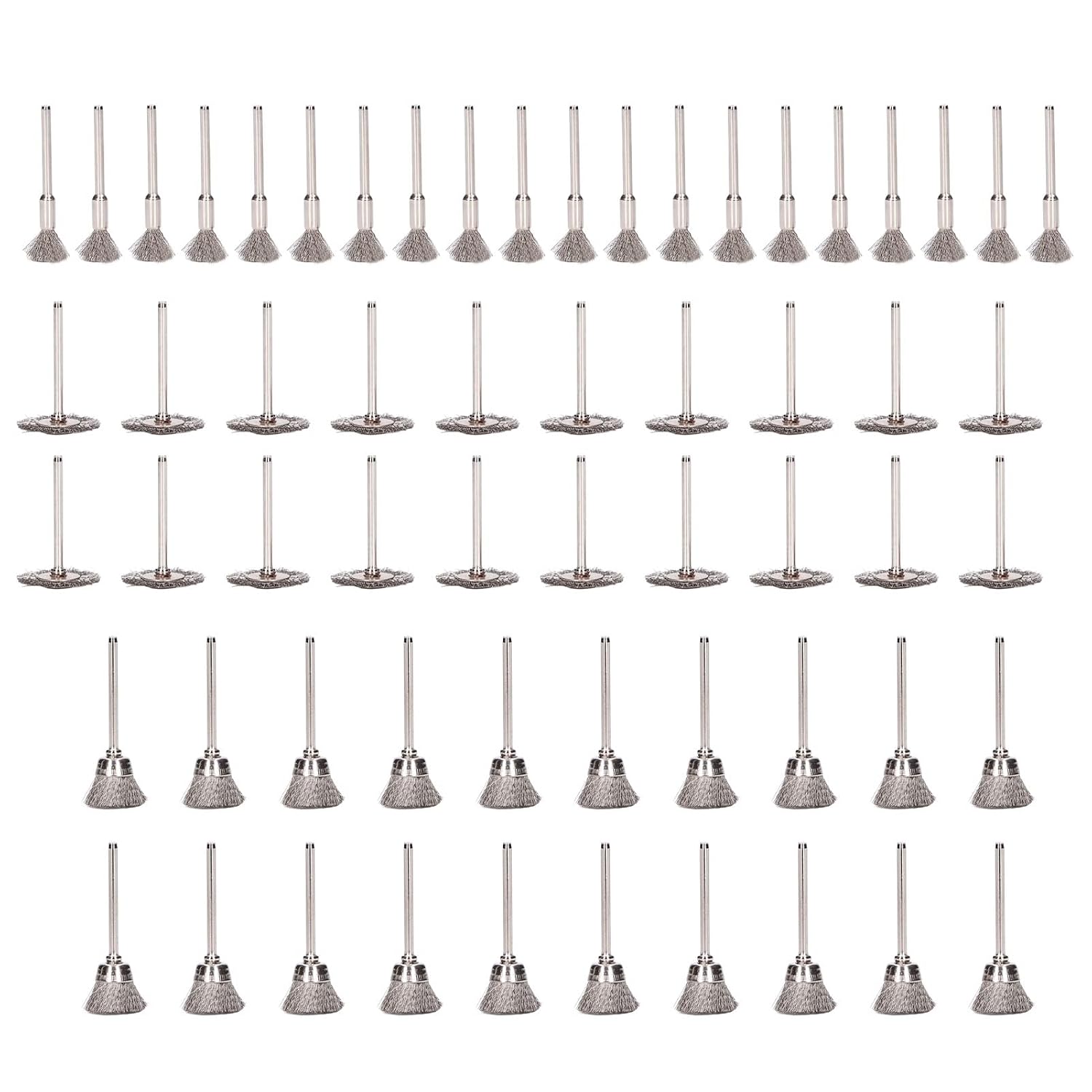 60 Pcs Wire Brushes Set, Wire Wheels Pen Brushes Set, Wire Buffing Wheel Brushes Set, Stainless Steel, 3mm Shank, 3 Shapes, for Polish, Clean, Dust