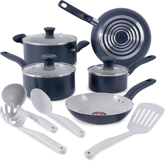 T-Fal Ceramic Nonstick Cookware Set, Oven Safe Up to 350oF, 12-Piece, Includes Stockpot, Frying Pans, Utensils, Ceramic Pots and Pans Set, Dark Blue