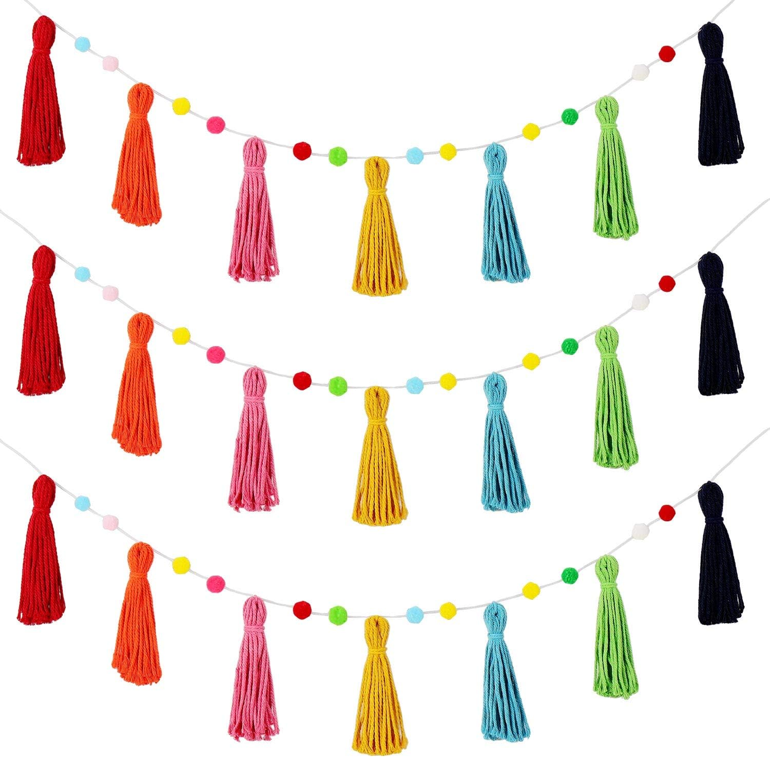 Syhood 3 Pcs Colorful Boho Tassel Garland Rainbow Pom Pom Each 50 Colorful Tassel Garland Classroom Decoration Boho Banner for Kid Nursery Wall Decor Baby Shower Christmas DecorRich Colors
