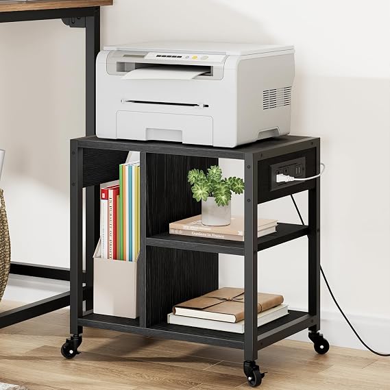 Amyove Printer Stand with Charging Station, Home Office Desktop Printer Stand with Storage, Under Desk Printer Table, 3 Tier Heavy Duty Rolling Printer Cart with Wheels for Small Space, Rustic Black