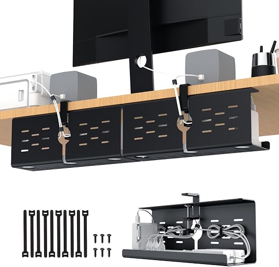 KEEGH 2 Pack Under Desk Cable Management Tray No Drill Clamp/Screw Mount