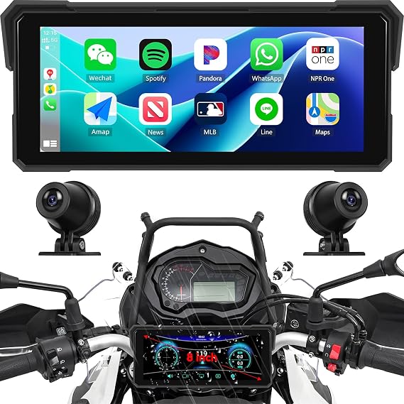 Carplay Screen for Motorcycle,Wireless CarPlay&Android Auto,8.1 IPS Waterproof Portable Radio with WiFi Video,BT,EQ,FM,DVR,SWC,Dual Front and Rear Cameras