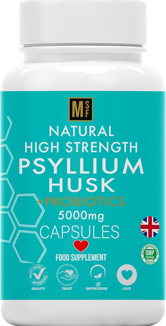 Fibre Supplement 5000mg Psyllium Husk with Acidophilus Probiotics | 120 High Strength Vegan Capsules | Natural Soluble Fibre from Plantago Ovata Seeds 1-A-Day Digestive Support | 4 Months Supply