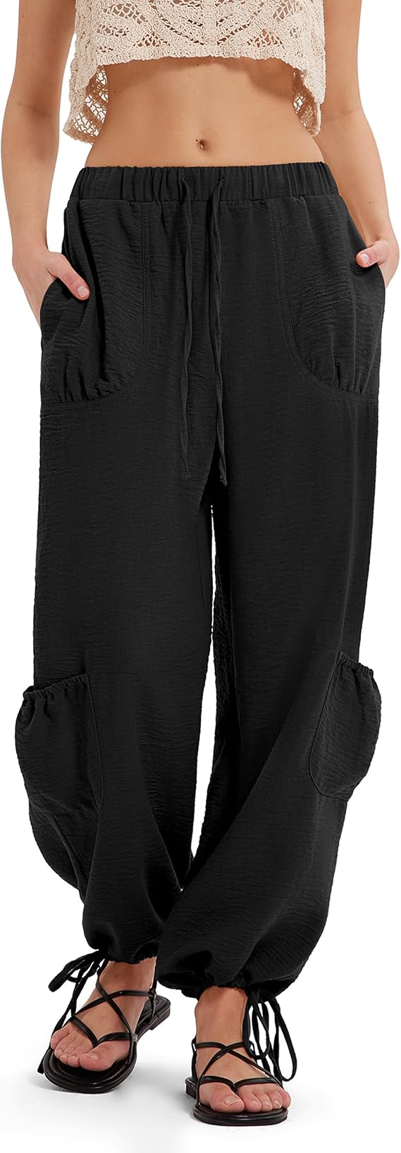 MOOSLOVER Women Linen Boho Balloon Pants Drawstring Summer Cargo Pants Beach Travel Lounge Pants with Pocket (M, Black)