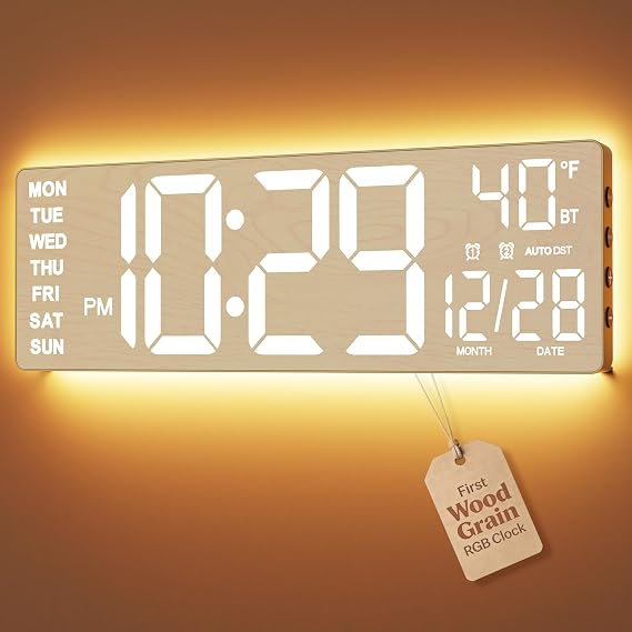 EASYERA 16.5" Large Digital Wall Clock BT Sync, 11 Scenes Mode Beige Clock | Remote Control, Big LED Clock with Dual Alarms, Auto DST, Temperature for Classroom Gaming
