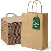 RITOLLO 50 Pcs Brown Kraft Paper Bags with Handles, 15 x 8 x 21cm Small Gift Bags, Bulk Party & Wedding Treat Bags for Birthdays, Christmas & Events