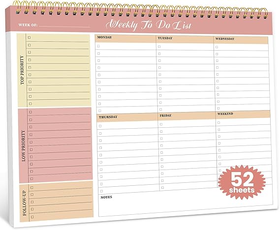 Weekly To Do List Notepad with 52 Undated Sheets(8.5"11")- Undated Weekly Planner Notepad for Office Desk Accessories and Supplies - Sunshine Petal