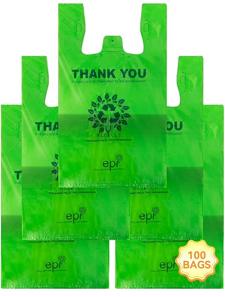 [100 per box] | Recyclable Compostable Reusable Biodegradable Plastic T-Shirt Bags | Grocery Shopping Bags | Green Eco Plastic Bags (100 per Pack) | T-Shirt Carryout Bags 100 count Restaurant Quality, Durable, Reusable and Econ Friendly | Measures 11. 5" X 6. 25" X 21"( large size 1/6) , 16 Mic (0. 63 Mil)