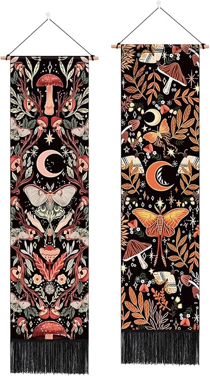 ARTCREATOR Pack of 2 Mushroom Wall Hanging Decor, Hippie Room Decor, Cottage Core Decor Moon Boho Tapestry Moth Plant Tapestries for Bedroom Aesthetic Alt Room (12.8 x 51.2 inches)