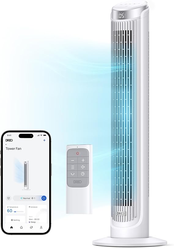 DREO Smart Tower Fan for Bedroom, 90 Oscillating Fan, 26ft/s Wind, 28dB | 5 speeds 4 modes, Quiet Floor Fans for Room , 12H timer, Remote/APP & Voice Control, Standing Fans that Blow Cold Air, White