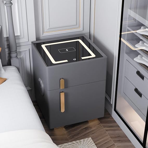 Smart Nightstand with Drawer and Safe, Solid Wood Night Stand with Strongbox, 3 Color LED Nightstand with Bluetooth Speaker, Wireless Charging, USB Port for Bedroom (Dark Gray)