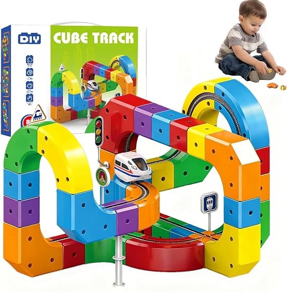 Clickrail Electric Train Set, Track Fusion Toy, DIY Cube Track with Gravity-Defying Motorized Train, 3D Embedded Layouts, Easter Birthday Gifts for Kids