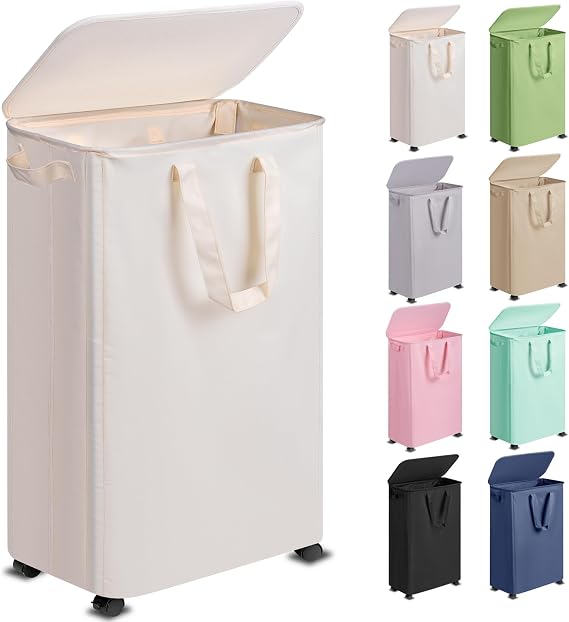 Vincona Slim Laundry Hamper with Lid and Wheels, Small Rolling Laundry Basket with Handle for Small Spaces, Tall Dirty Clothes Hampers for Dorm, Bathroom and Bedroom, 75L Beige