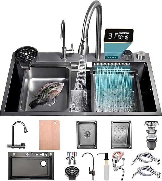 75 x 50 cm Large Size Kitchen Sink, Stainless Steel, Rectangular, 1 Basin Made of Waterfall Sink, Multifunctional Bar Sink, Kitchen Sink for Workplace, for Home Use
