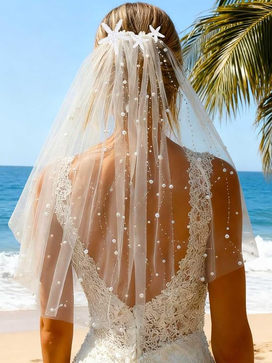 Pearl Bride Wedding Veil White Short Waist Length Starfish Bridal Tulle Veils Hair Accessories for Women with Comb