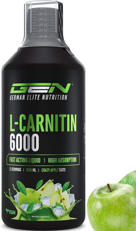 Gen German Elite Nutrition L-Carnitine 6000 Liquid - 1000 ml - Vegan Extra high dose with 6000 mg of pure L-carnitine per daily serving - amino workout drink - delicious taste (Crazy Apple)