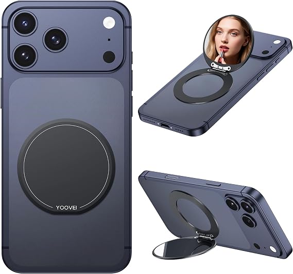 Magnetic Phone Case Stand with Mirror for MagSafe Universal Metal Adjustable Kickstand for iPhone 17/16/15/14 Pro Max Slim Phone Mirror for All Smartphone Used for Women Outdoor Makeup Black
