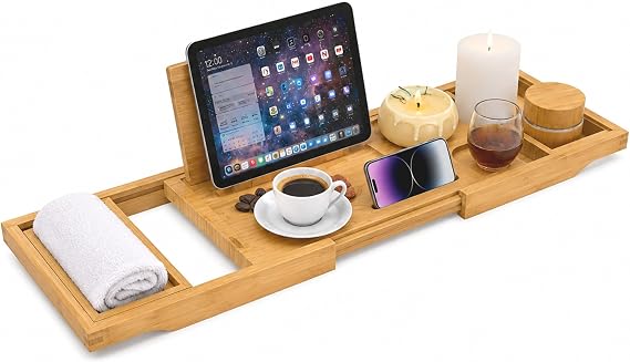 Extendable Bath Tray, Luxury Wooden Bamboo Bathtub Shelf with Built-in Holders for Books, Tablets, Phones, Glasses & Candles, Adjustable Caddy Bridge Fits Most Bathtubs