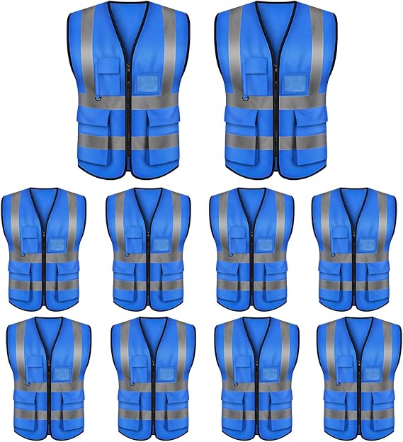 GOGO 5 Pockets High Visibility Zipper Front Safety Vest with Reflective Strips Uniform Vest, Pack of 10