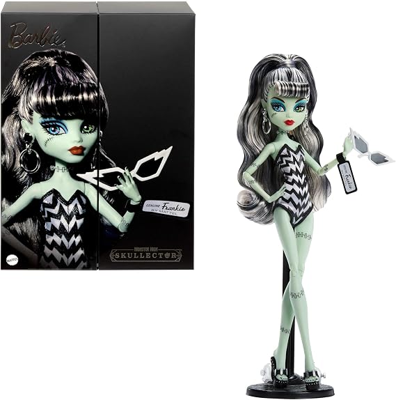 Monster High x Barbie Frankie Stein Doll with Original Barbie-Inspired Swimsuit and Solo in the Spotlight Black Evening Dress, Accessories
