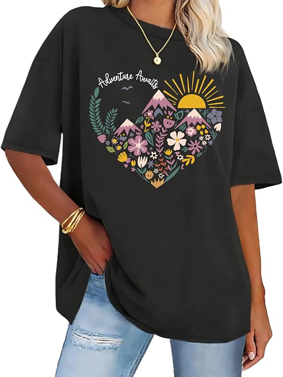 Printed Tshirts Graphic Tees for Women Unisex Adults Adventure T Shirts Hiking Graphic Tees Summer Tops Short Sleeve