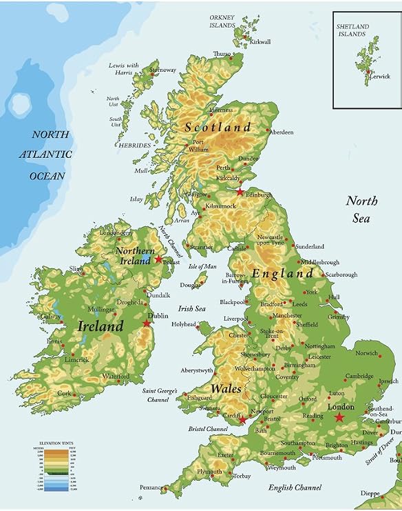 British Isles Map Poster United Kingdom UK Ireland Scotland Topographical City Atlantic Ocean Cool Wall Art Print Poster 12x18