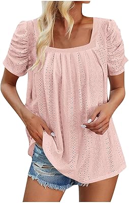 Plus Size Spring Clothes for Women Casual Lightweight Summer Boho Blouse Trendy Square Neck Short Sleeve Tops Shirt