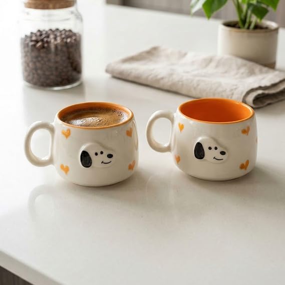 2'li El Yapımı Seramik Kupa Seti, Kedi Desenli Kalp Motifli Stoneware Mug, 200 ml, Kırmızı İçli Doğal Seramik, Çay Kahve Bardağı, Kedi Severlere Hediye (Turuncu)