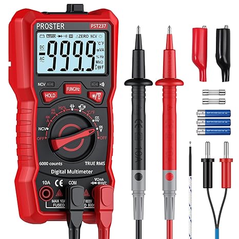 Proster 6000 Counts TRMS Multimeter - NCV Auto-Range for AC/DC | Measures AC/DC V (600V), A (10A), R, C, Freq, Temp, Diode, Continuity. NCV Detector. Backlight Flashlight Magnet Stand