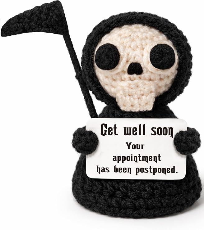 Get Well Gifts for Women Men Sarcastic Surgery Recovery Present for Friend Coworker Positive Postponed Handmade Crochet Grim Reaper Desk Decor Accent Piece