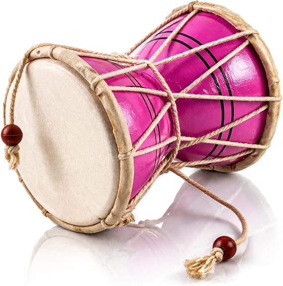 Indian Damru Hand Drum, 4 Inch Small, Wood & Leather Percussion Instrument