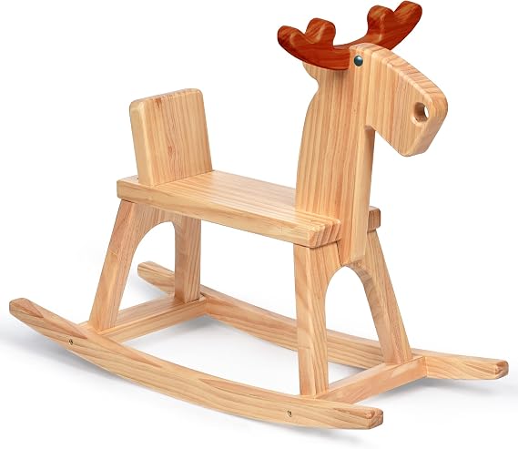 Kids Wooden Rocking Horse, Baby Ride-On Toy Rocker for Toddler Boys & Girls | Whimsical Reindeer Shape w/ backrest, Ideal Christmas/Birthday gift