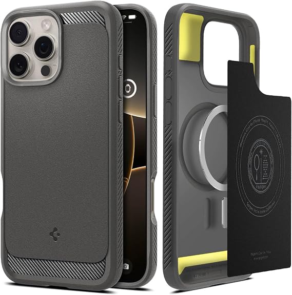Spigen iPhone 16 Pro ile Uyumlu MagSafe Kılıf Rugged Armor Mag Fit Üst Düzey Koruma Gri Karbon Kapak - ACS08116 (Spigen TR Garantili)