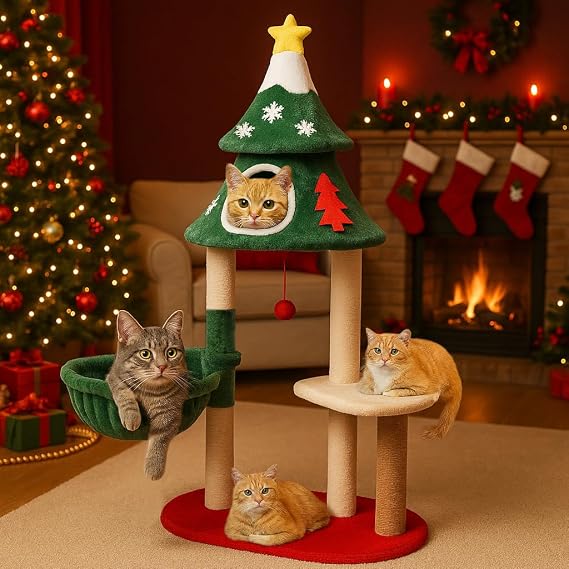 LUCKLIFE 48" Christmas Cat Tree with 2 Cozy Houses,Indoor Modern Cats Tower with Anti-Tip Kit,Plush Perches & Hanging Balls,Holiday Cat Climbing Furniture for Kittens to Play and Sleep