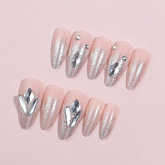 Glitter French Tip Press on Nails Design with Rhinestones Long Almond Fake Nails Reusable Acrylic Artificial on Nails Nude Pink Full Cover Glossy Stick on Nails for Women Girls Nail Decoration 24Pcs