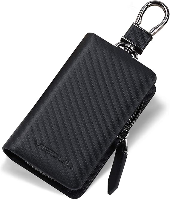 VISOUL Car Key Case,Carbon Fiber Leather Car Smart Key Fob Zipper Case with Keychain and Metal Hook (C01-Black)