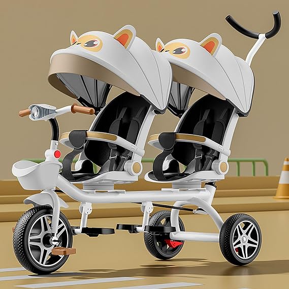 Double Stroller Lightweight Tandem Tricycle,Two-Seater Pedal Bicycle, Stroller with Sunshade,Robust Frame,Outdoor Playground Equipment Tricycles,for Boys and Girls Ages 1-7(White)