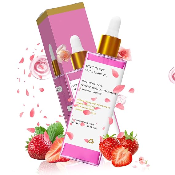 Strawberry Vanilla After Shave Oil for Smooth Skin, Soft Serve After Shave Oil with Hyaluronic Acid & Peptides to Soothe Razor Burn, Prevent Ingrown Hairs & Dryness (90ml,1 PCS)