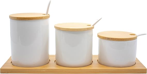 Set of 3 Ceramic Condiment Jars in Varying Sizes With Spoons & Bamboo Lids and Tray (White)