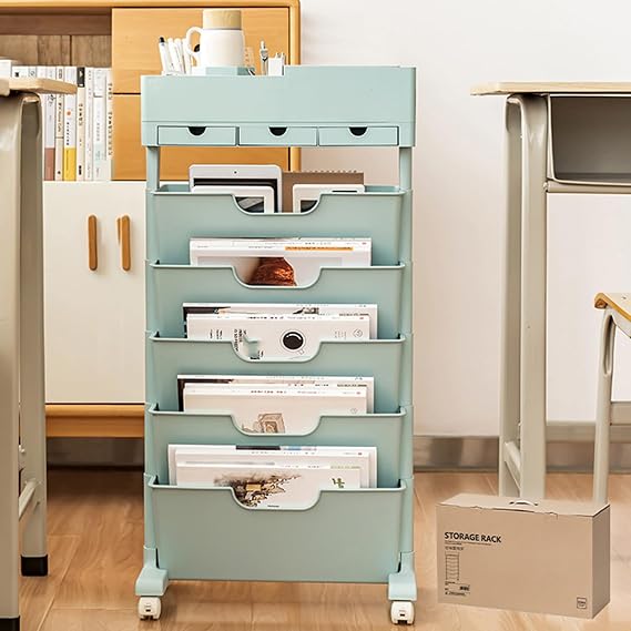 SXHEYUY 6 Tier Rolling Book Cart, Rolling File Cart 6 Tier File Organizer Cart, 8.07inch Narrow Bookshelf for Small Spaces, Thick Molded Plastic, Rolling Office Cart Homeschool Organization