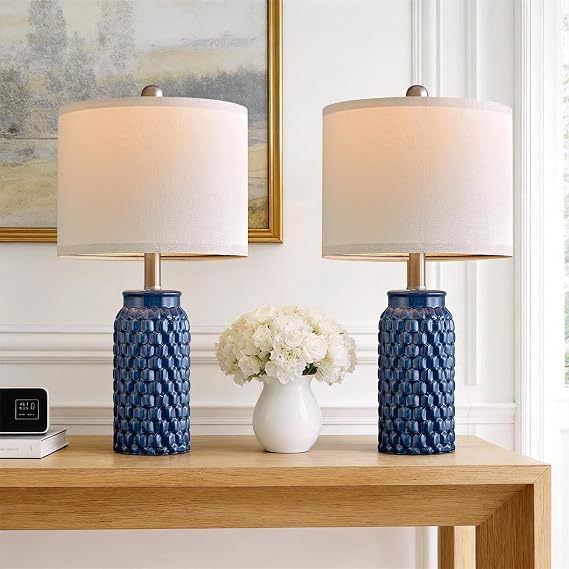 USumkky Modern Ceramic Bedside Lamp 20.5 Inch Dark Blue Set of 2 for Bedroom Decoration Farmhouse Table Lamp for Living Room Office Dorm