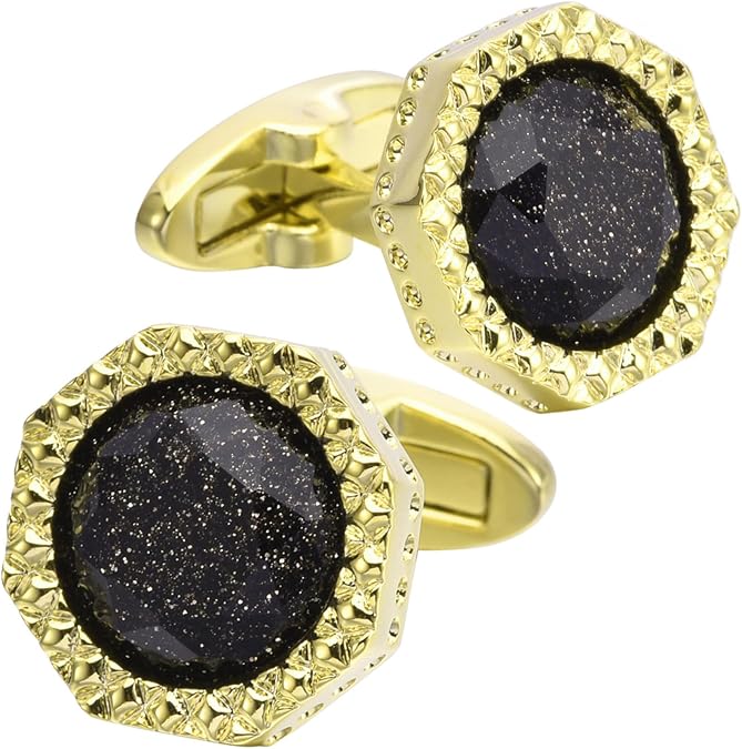 Octagon Black Obsidian Gemstone Cufflinks for Men Silver/Gold Plated