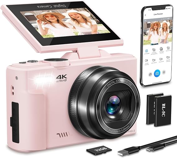 4K Digital Camera for Photography, 64MP Vlogging Camera for YouTube with 3" 180Flip Screen, 18X Digital Zoom HD Autofocus Compact Camera with WiFi,Flash,32GB TF Card & 2 Batteries(Pink)