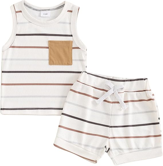 Toddler Baby Boy Clothes Sleeveless Tank Tops + Striped Print Jogger Shorts with Pockets 2Pcs Summer Outfits